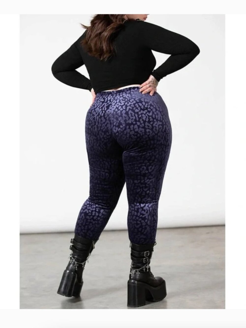 Killstar Caturday Leggings Plum Purple Blue Stretch Velvet Leopard Embossed 4XL